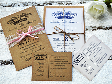 Emily Wedding invitations with lace and satin bow or twine tie